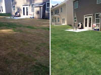 before and after pictures of a yard with a lawn mower